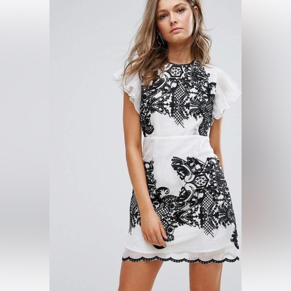 Foxiedox white embroidered in black ruffle sleeve mini dress